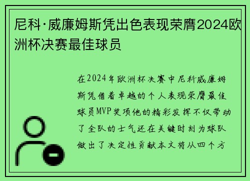 尼科·威廉姆斯凭出色表现荣膺2024欧洲杯决赛最佳球员 尼科·威廉姆斯凭出色表现荣膺2024欧洲杯决赛最佳球员